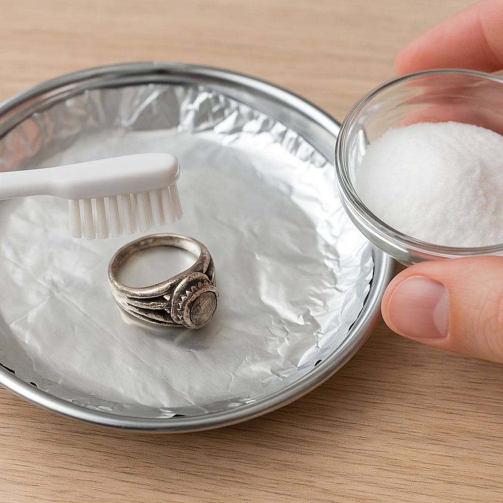 Ruka čisti srebrni prsten sodom bikarbonom uz pomoć četkice
